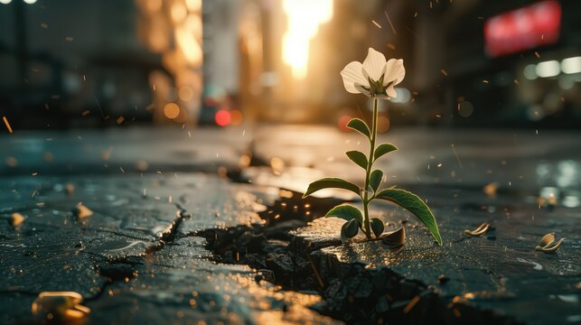 White Flower in Cracked Urban Pavement