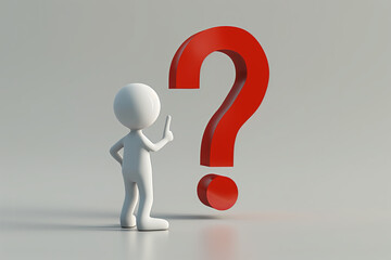 3D Character Pointing at Large Red Question Mark, Concept of Inquiry and Curiosity