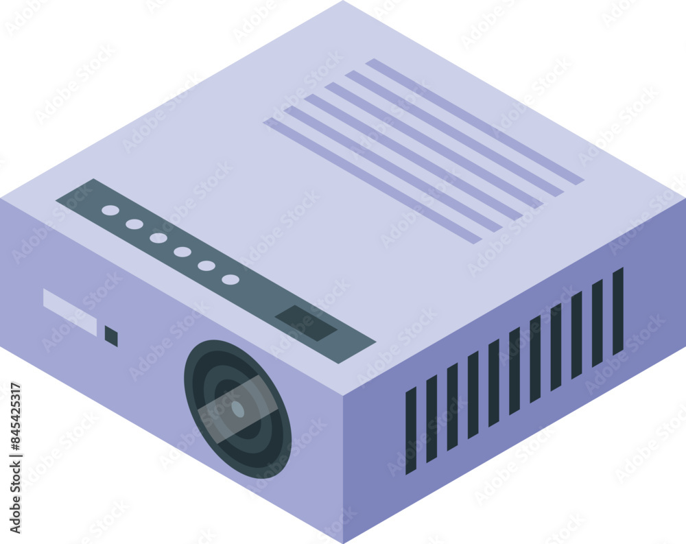 Poster modern digital projector displaying a presentation, using isometric perspective to show the device f