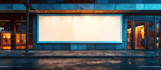 Advertising empty long white billboard with space for mockup information at urban street front view. 