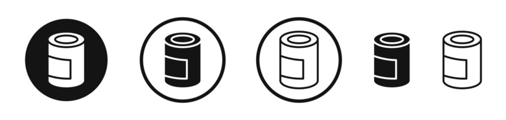 Canned Food Icon Set Open aluminum metal product can vector symbol used for travel chicken meat containers and preserved fish.