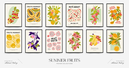 Abstract fruits posters template. Modern trendy Matisse minimal style. Exotic Healthy Food. Hand drawn design for wallpaper, wall decor, print, postcard, cover, template, banner.