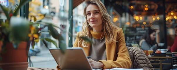 Woman leading remote team meeting from tablet on coffee shop terrace Technology Networking and Digital Communication in Business concept