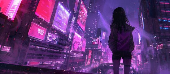 Fototapeta premium anime style girl in a cyberpunk city. 