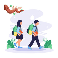 A flat style illustration depicting walking students 

