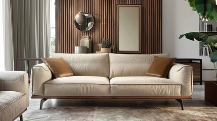 a cozy living room featuring a stylish beige sofa, elegant personal accessories, and a rustic wooden-framed mirror adorning the wall.
