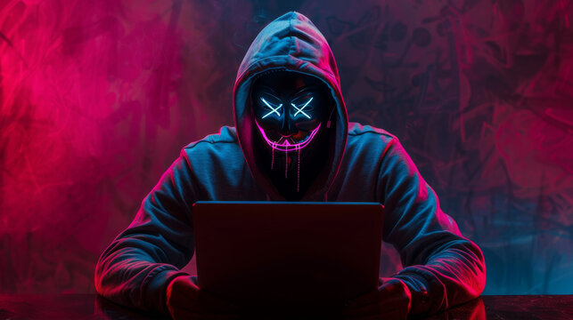 Hacker in a neon mask. Cyber criminal with laptop. Cyber crime, hacker activity, digital system security, cyber attack threat, malware virus alert concept, fraud money, ddos attack.