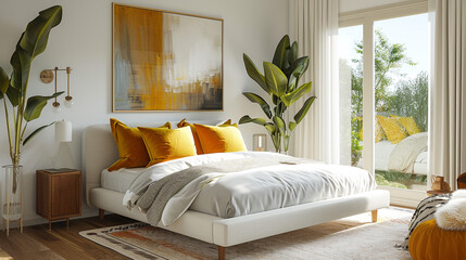 A bright mid-century modern bedroom with a white platform bed, mustard yellow throw pillows, and a large abstract painting on the wall.