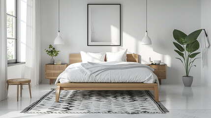 A bright Scandinavian bedroom with a white platform bed, light wood nightstands, and a minimalist...