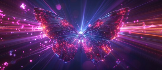 Naklejka premium 3d rendering, abstract cosmic ABSTRACT BUTTERFLY background, ultra violet neon rays, glowing lines, 