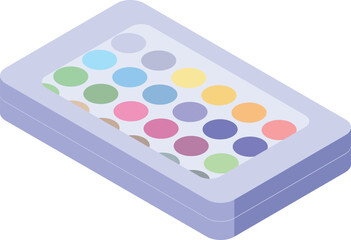 Closed rectangular watercolor palette containing many different colored watercolors for painting and drawing, isolated on white background