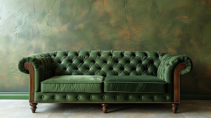 A classic olive green sofa with a wooden frame against a taupe wall with natural lighting.