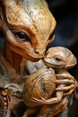 Portrait of an alien mother with her alien baby.