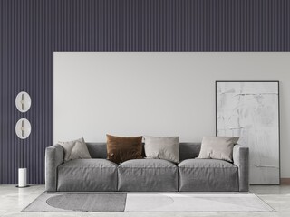 Mock up of an exclusive living room with perfect design with a comfortable stylish sofa and a cool decorative background, 3D rendering.