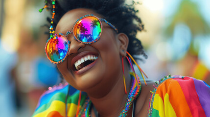 Joyful African American Woman in Wheelchair Celebrating Pride with Rainbow Fashion