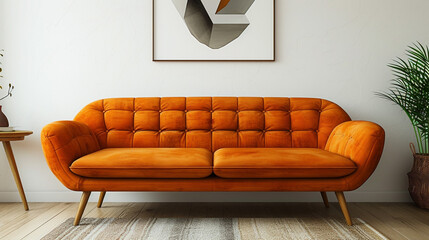 A cozy orange fabric sofa with wooden legs, set against a white wall with geometric art.