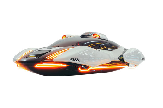 Futuristic hover car with sleek design, glowing orange lights, and advanced technology, isolated on a transparent background. Sci-fi transportation concept.
