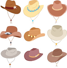 cowboy hat set cartoon. vintage leather, silhouette country, black old cowboy hat sign. isolated symbol vector illustration