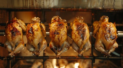Naklejka premium Roasted chicken in a row turning at industrial roaster