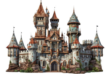Fototapeta premium Stunning medieval castle with intricate towers and stone walls, perfect for fantasy-themed designs and historical references.