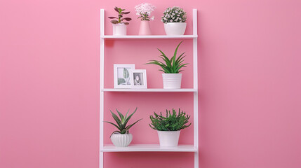 A minimalist white ladder shelf against a pastel pink wall, showcasing small potted plants and framed photos.