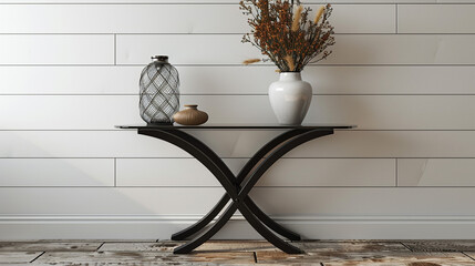 A modern black metal side table with a glass top against a white shiplap wall.