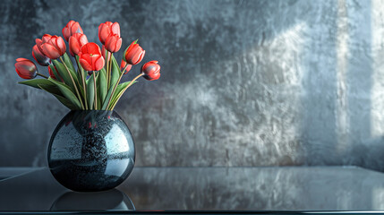 A modern glass coffee table with a sleek black vase holding an arrangement of tulips, set against a charcoal grey wall.