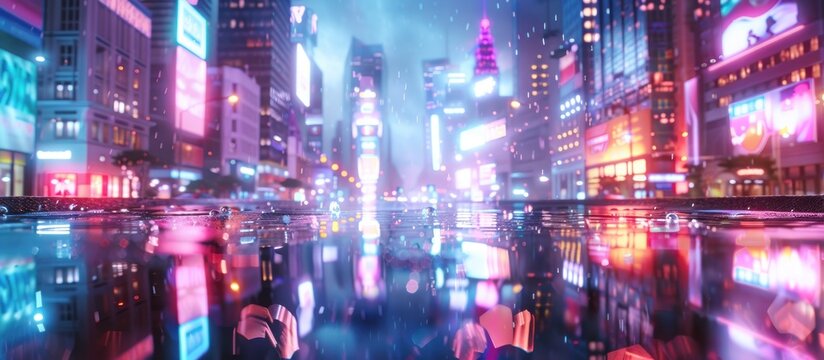 3D Rendering of neon mega city with light reflection from puddles on street heading toward buildings. Concept for night life, business district center (CBD) Cyber punk theme, tech background.