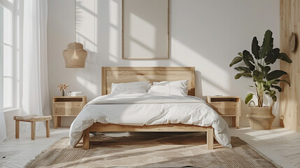 A modern Scandinavian bedroom with a light wood bed, white walls, and a monochrome rug, featuring minimalist decor and natural light.