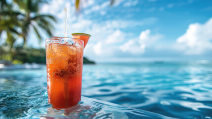 A refreshing watermelon drink sits on the edge of a sparkling pool with a view of the ocean and blue sky