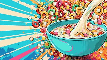 A cartoon illustration of a bowl of cereal with milk being poured over it, surrounded by scattered cereal pieces.