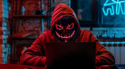 Hacker in a neon mask. Cyber criminal with laptop. Cyber crime, hacker activity, digital system security, cyber attack threat, malware virus alert concept, fraud money, ddos attack.