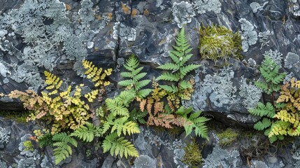 Pattern of ferns and lichens on Subpolar Urals rocks
