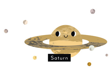 Saturn. Cute kawaii planet character with smiling face. Funny celestial body. Solar system. Astronomy for kids. Vector flat cartoon illustration