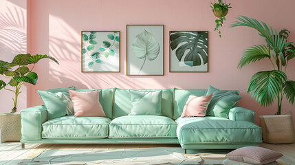 A soft mint green sectional sofa against a soft pastel pink wall with botanical prints.