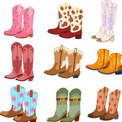 cowgirl boots set cartoon. western boot, pink rodeo, hat country cowgirl boots sign. isolated symbol vector illustration