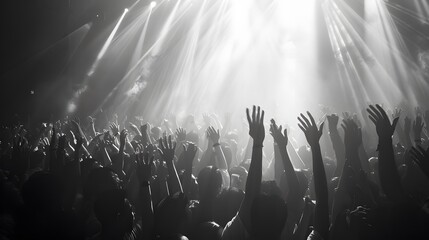 Spotlight on Music: Black and White Silhouette of Youthful Crowd Cheering at Live Concert