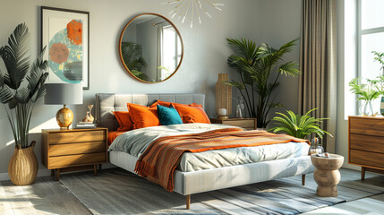 A stylish mid-century modern bedroom with a grey upholstered bed, colorful throw pillows, and a vintage wooden dresser with a large round mirror.