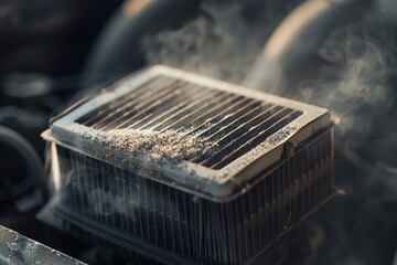 A close-up of a dirty car air filter covered in dust and ash, emphasizing the need for maintenance and replacement for optimal vehicle performance. dust