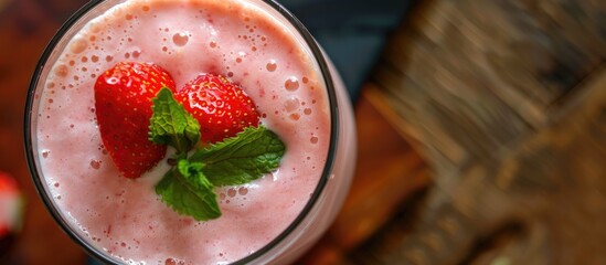 Refreshing summer beverage: a strawberry banana milkshake or smoothie topped with a strawberry and mint leaf as a nod to a healthy food concept.