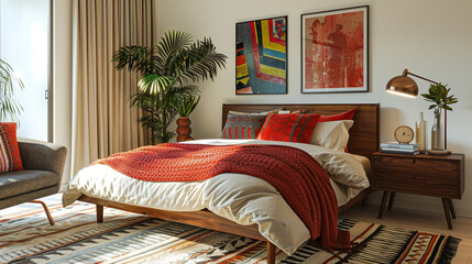 A vibrant mid-century modern bedroom with a walnut platform bed, bold red throw blanket, and an eclectic mix of patterns and textures.