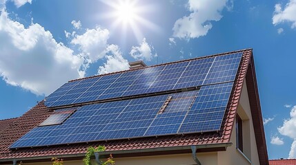 Fototapeta premium solar energy with a photo showcasing solar panels installed on the roof of a modern house against a picturesque blue sky adorned with fluffy clouds.