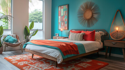 A vibrant turquoise accent wall with eclectic decor and a modern platform bed.