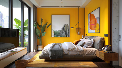A vibrant yellow accent wall with modern art and a contemporary upholstered bed.