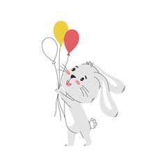 A cartoon smiling rabbit holding festive balloons in its paws. Cute bunny character. Simple vector illustration isolated on a white background