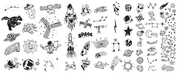 Set of Hand drawn space doodles. Childish space line vector elements. Rockets, aliens, ufo, stars, planets, constellations, comets, asteroids, astronaut. Cartoon Outer space sketch designs.  © Ja Creatives