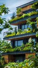 Eco Friendly High Rise with Lush Green Roofs and Solar Panels Showcasing Sustainable Architecture and Nature