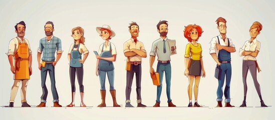 Fototapeta premium Cartoon artistic image of men and women at work with different profession. 