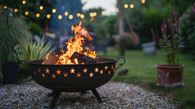 Metal fire pit with wood, surrounded by plants and lights