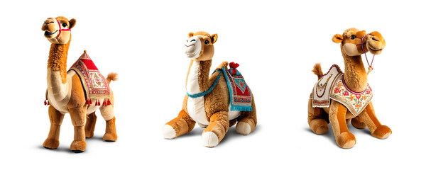 Set of 3 Camel stuffed animal toys isolated transparent png background. Generative Ai
